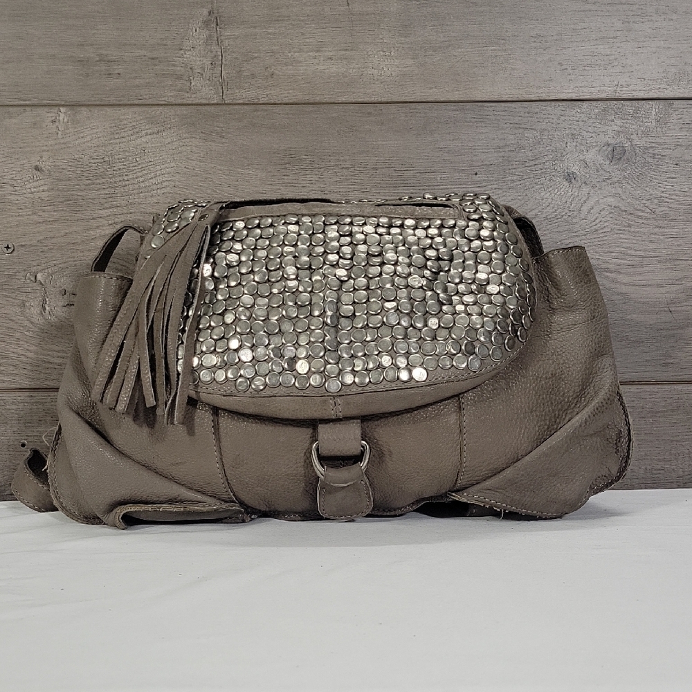 Cut & Paste for Anthropologie Studded Gray Leather Shoulder Bag